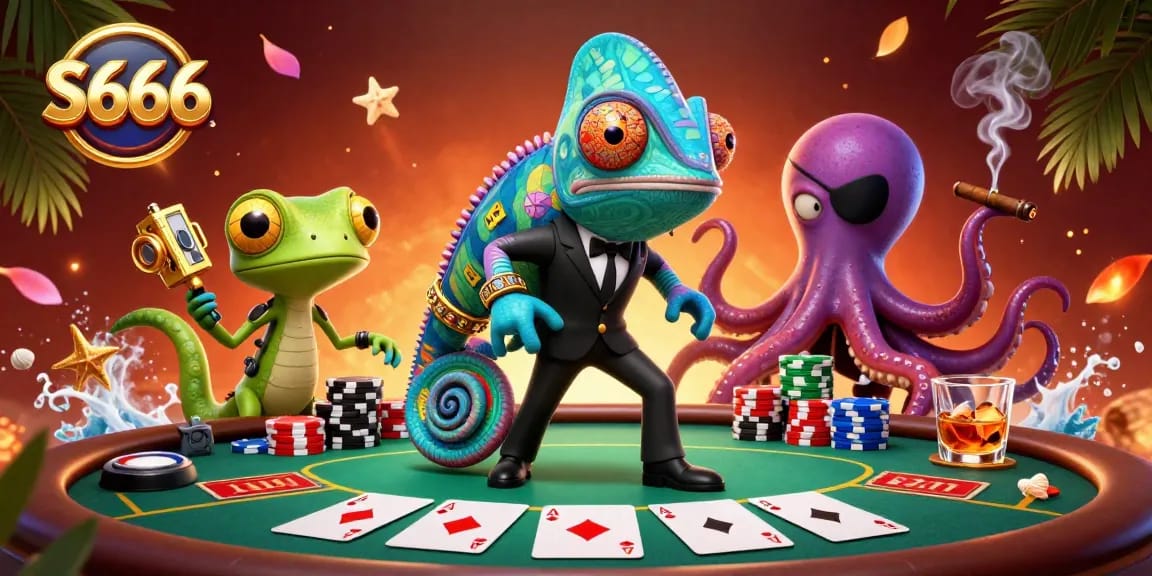 S666 casino scene with a secret agent chameleon, a tech-savvy gecko, and a villainous octopus at a poker table.