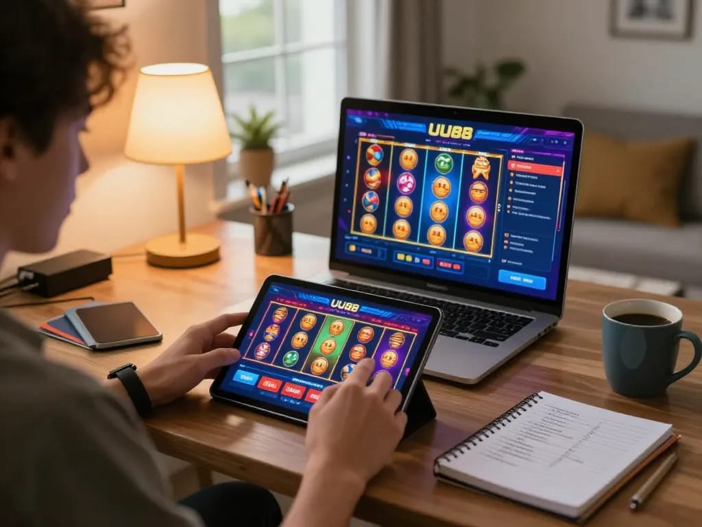 UU88 player betting on tablet, enjoying online gaming in a cozy home setup.