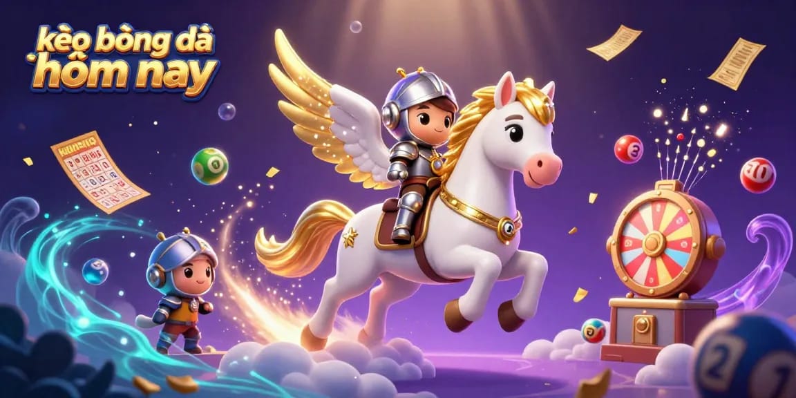 Experience kèo bóng đá hôm nay with a vibrant scene of a celestial horse and knight amid gaming action.