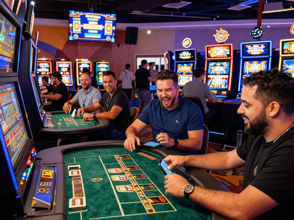 Jogadores animados no cassino da spbet fazendo depósitos via PIX em um ambiente iluminado e vibrante.