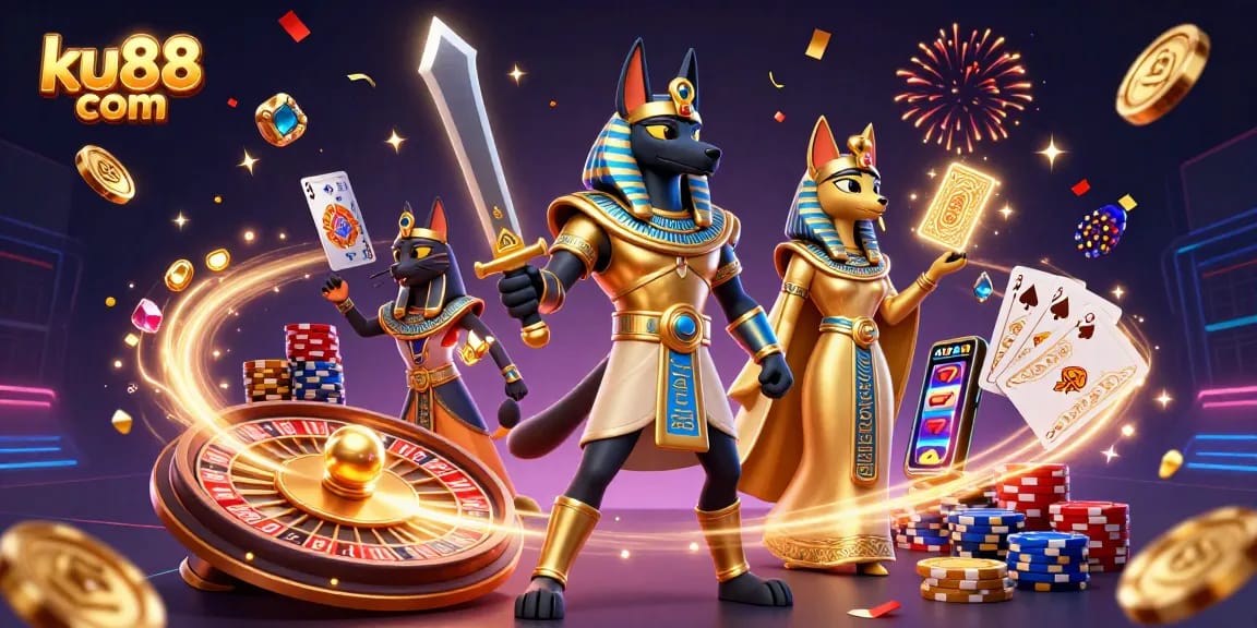 Engage with ku88 com's dynamic gaming scene featuring Anubis and Bastet amid cascading coins.