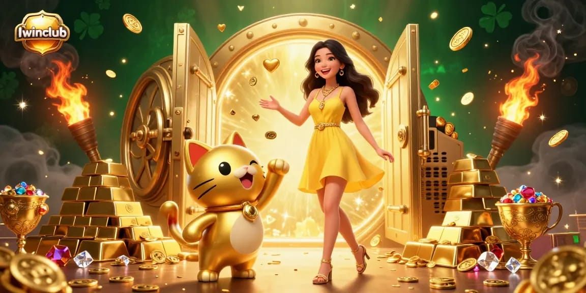 Iwinclub features a cheerful Asian woman in a yellow dress with a golden lucky cat amidst floating coins, showcasing excitement and rich gaming elements.