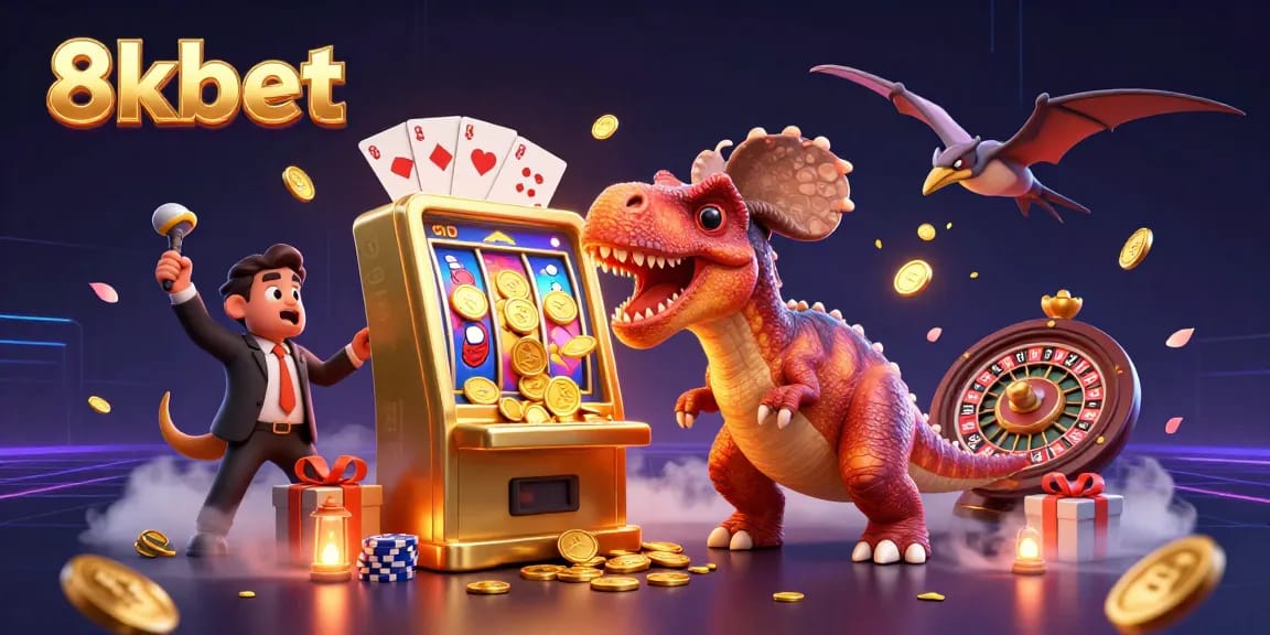 Engaging 8kbet casino scene with a dinosaur winning jackpots and exciting game elements