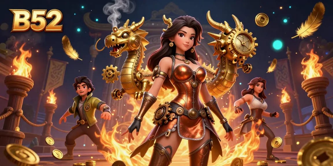 B52 club spins thrilling jackpots with a steampunk theme, showcasing vibrant gaming elements and rewards.