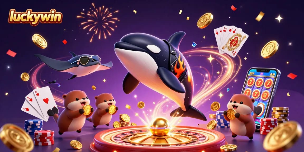 Experience thrilling wins at luckywin with orca, stingray, and otters celebrating at a vibrant casino.