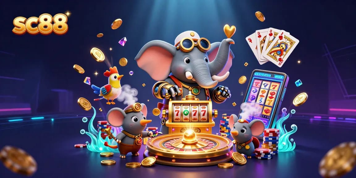sc88 players enjoy thrilling slot machines and jackpots in a vibrant 3D casino scene.