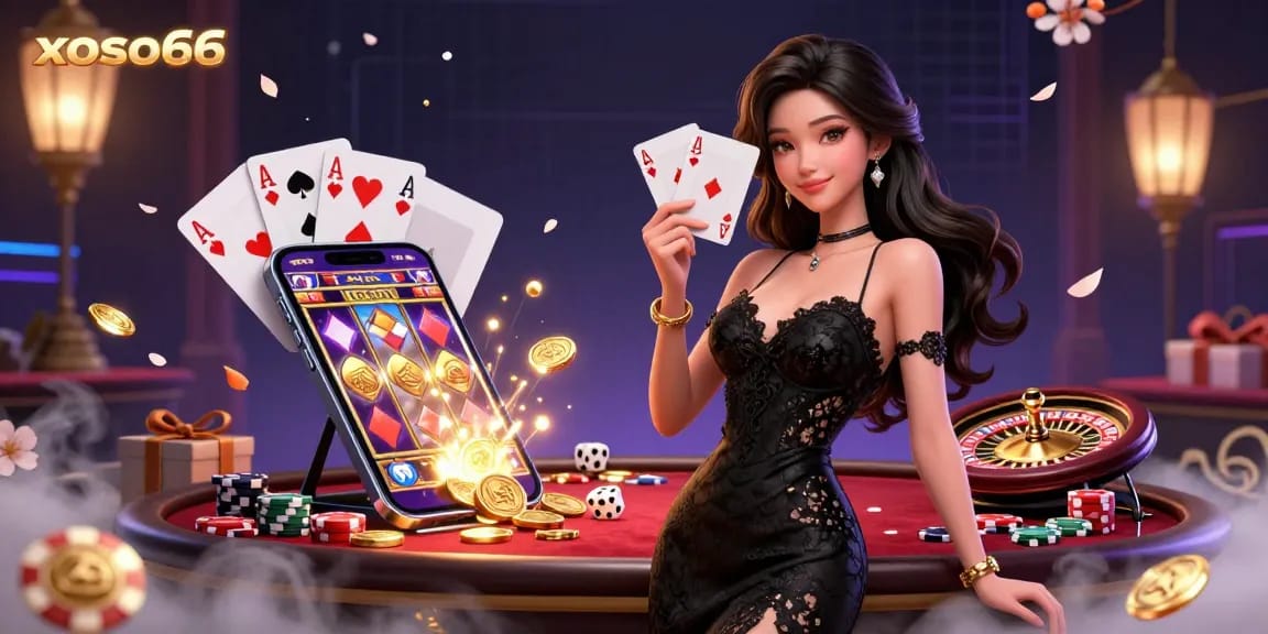 Xoso66 showcases an elegant Asian woman holding playing cards, surrounded by vibrant casino elements.