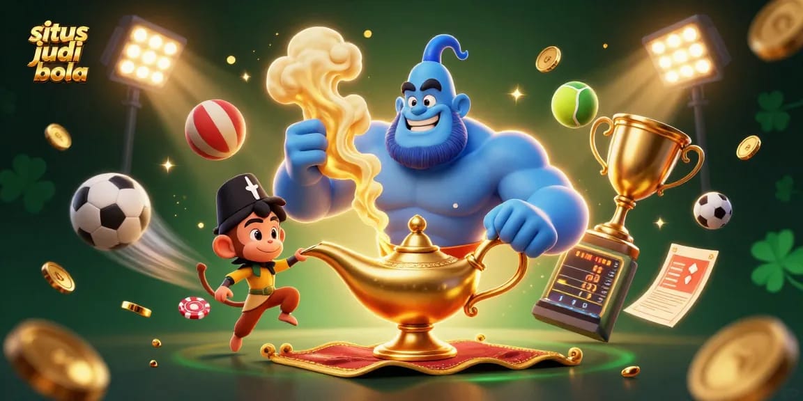 situs judi bola yang menampilkan karakter genie biru dan monyet sambil beraksi di arena taruhan