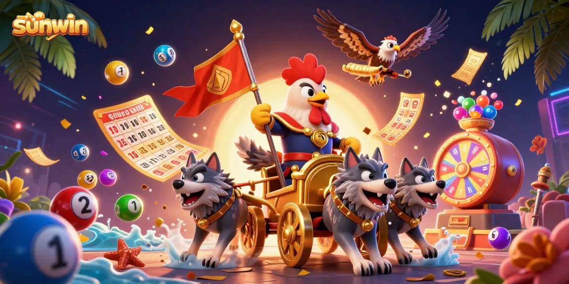 Cockfight-themed 3D illustration showcases sunwin's dynamic atmosphere with lottery balls and golden tickets.