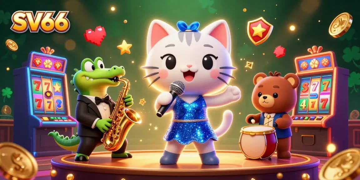 Engage with SV66's gaming excitement featuring a jazz-singer cat, crocodile, and bear in a vibrant casino scene.