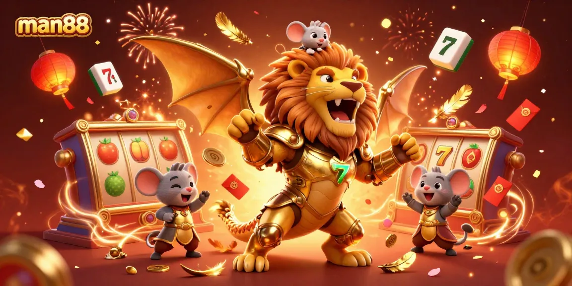 Win big at man88 with an exciting 3D casino-themed illustration featuring a chimera and slots.