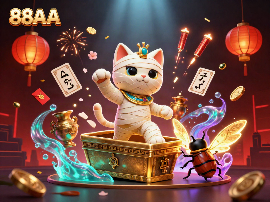 Experience the excitement of 88AA with a vibrant casino scene featuring a mummy cat and lucky charms.