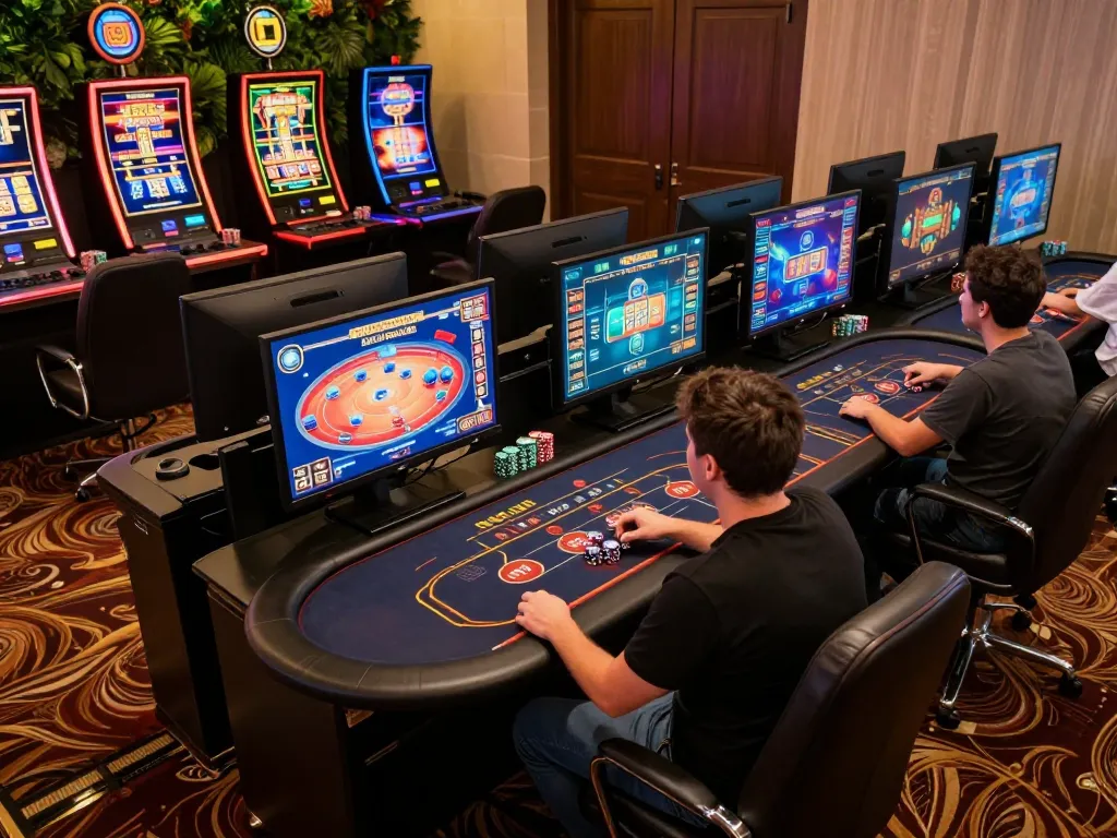 Engaging online casino gameplay at 688v with vibrant screens, chips and player focused
