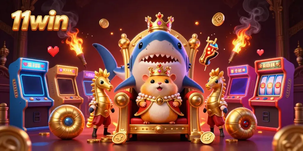 Experience thrilling gaming action at 11win with a vibrant 3D illustration of a charismatic golden hamster king and dynamic gaming elements.