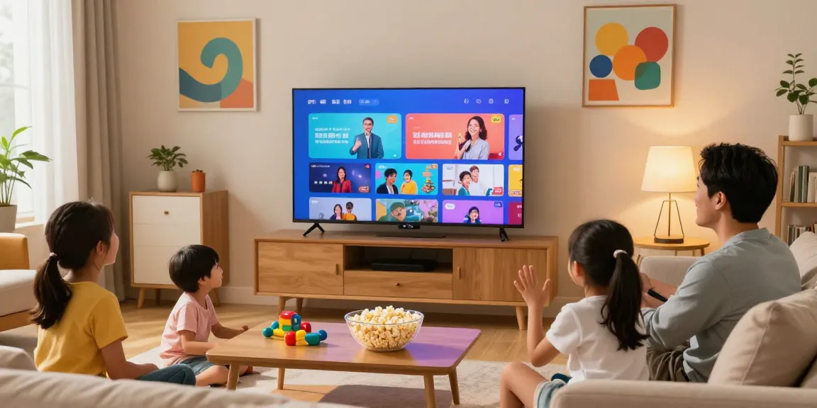 Família feliz assistindo conteúdo no melhor IPTV Brasil, ambiente aconchegante e alegre.