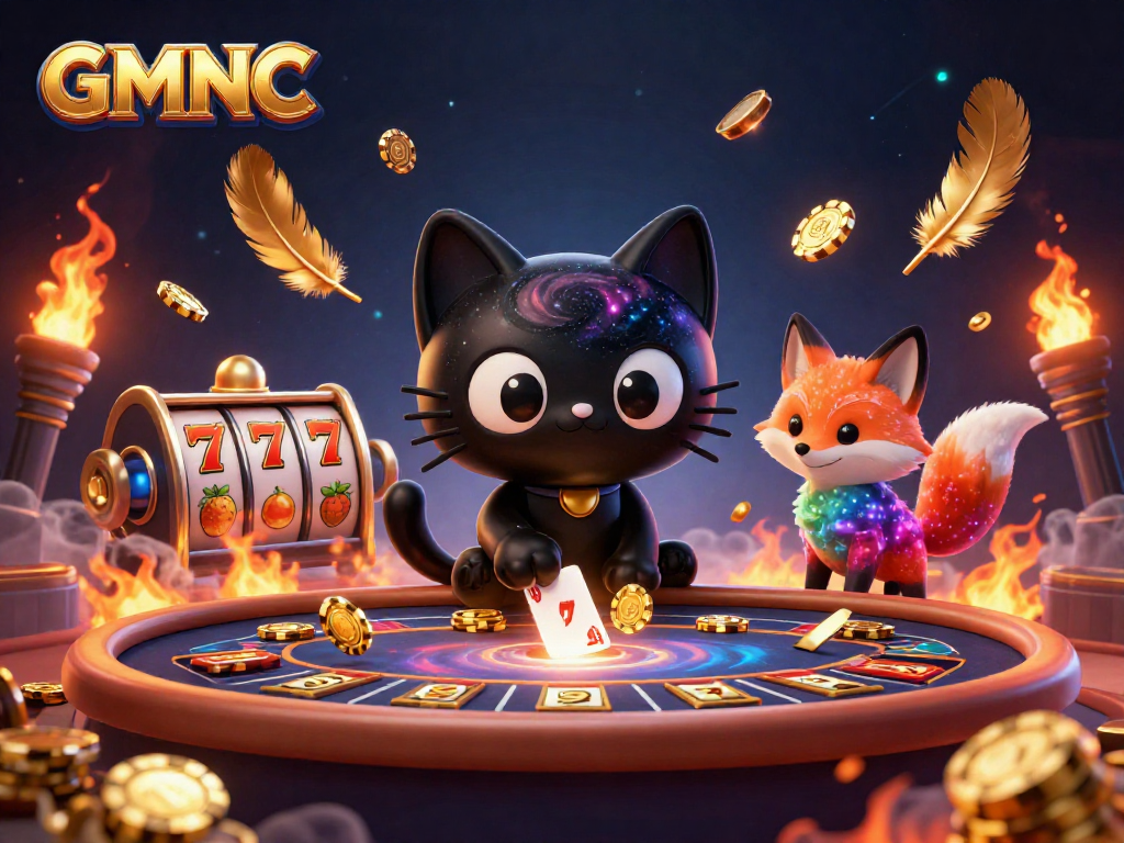 Experience GMNC's cosmic casino with a black hole cat and nebula fox, embracing winning strategies.