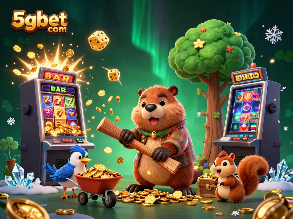 Engaging 3D cartoon scene featuring the beaver character in action at 5gbet com, celebrating a jackpot.