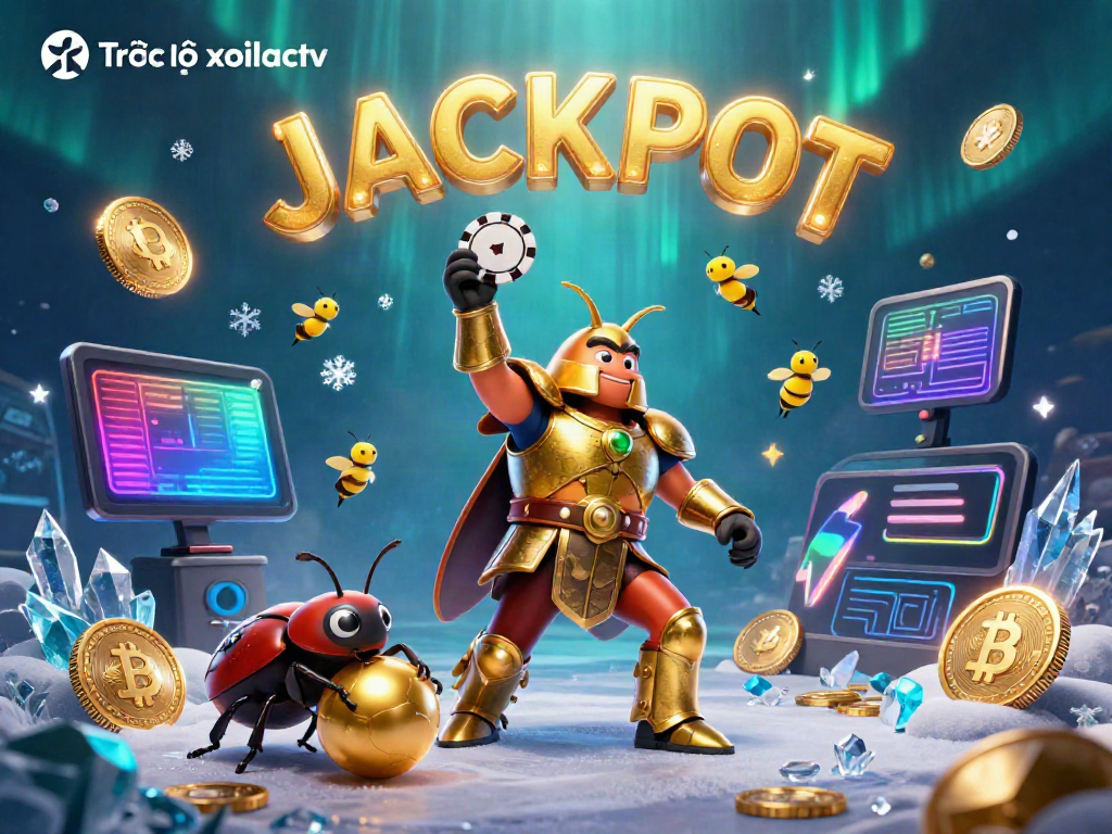 Experience the thrill of Trực Tiếp xoilactv with a 3D illustrated scene showcasing vibrant casino elements like poker chips and glowing crypto.