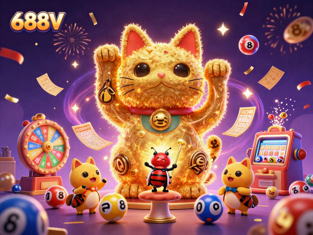 Experience the magic of 688V with a whimsical lucky cat made of fireflies amidst casino excitement.