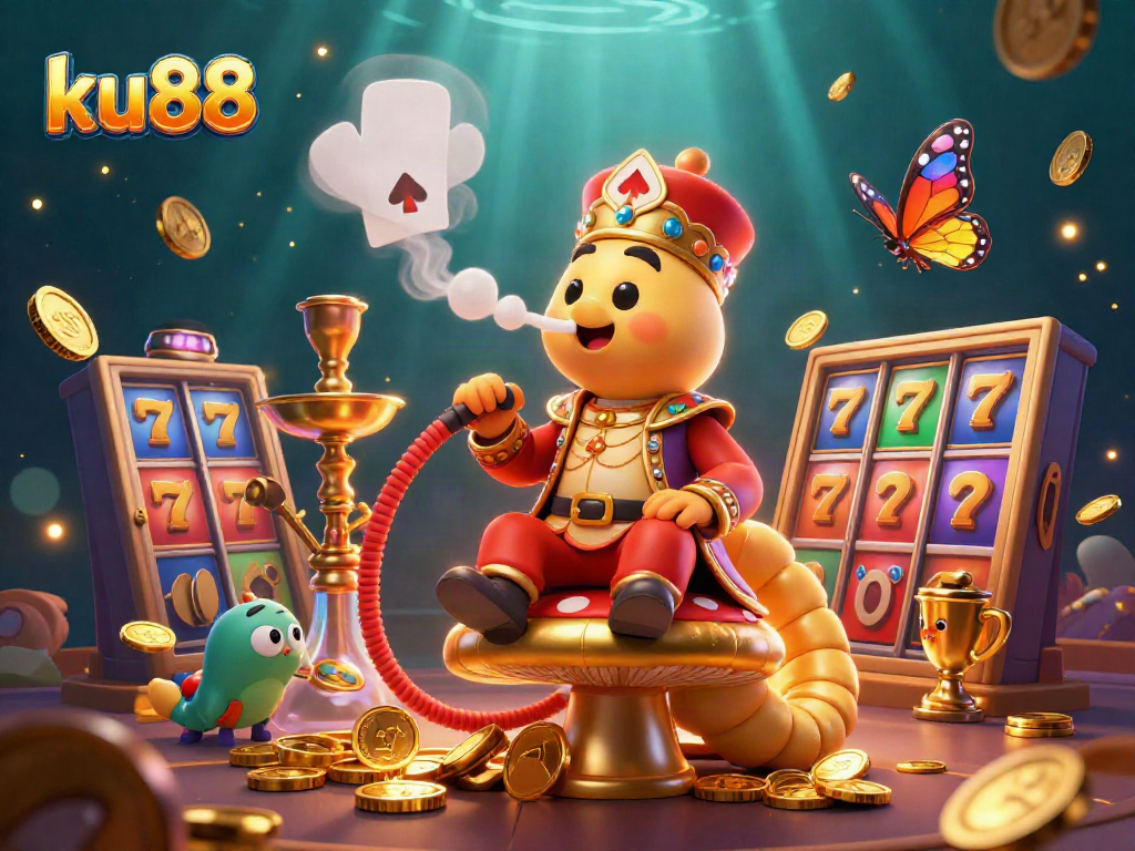 Experience excitement with ku88 in this vibrant casino-themed 3D illustration showcasing a caterpillar master and dynamic slot reels.