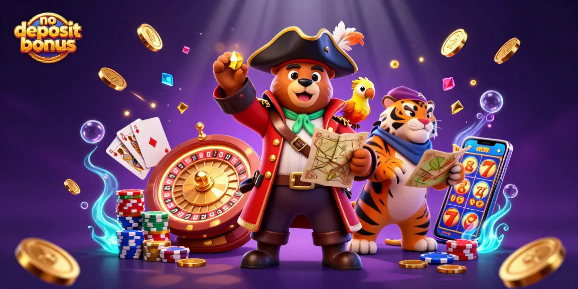No deposit bonus scene featuring a pirate bear, tiger, and gold coins, surrounded by gambling elements.