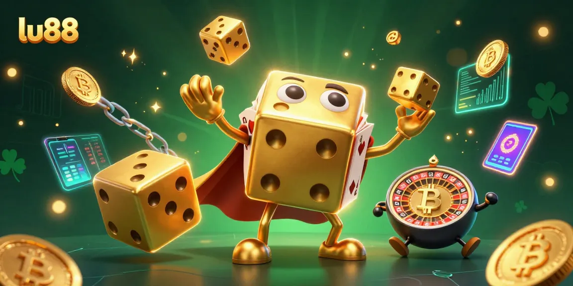 lu88 showcases a captivating 3D casino scene with golden dice, juggling smaller dice, and vibrant crypto elements.