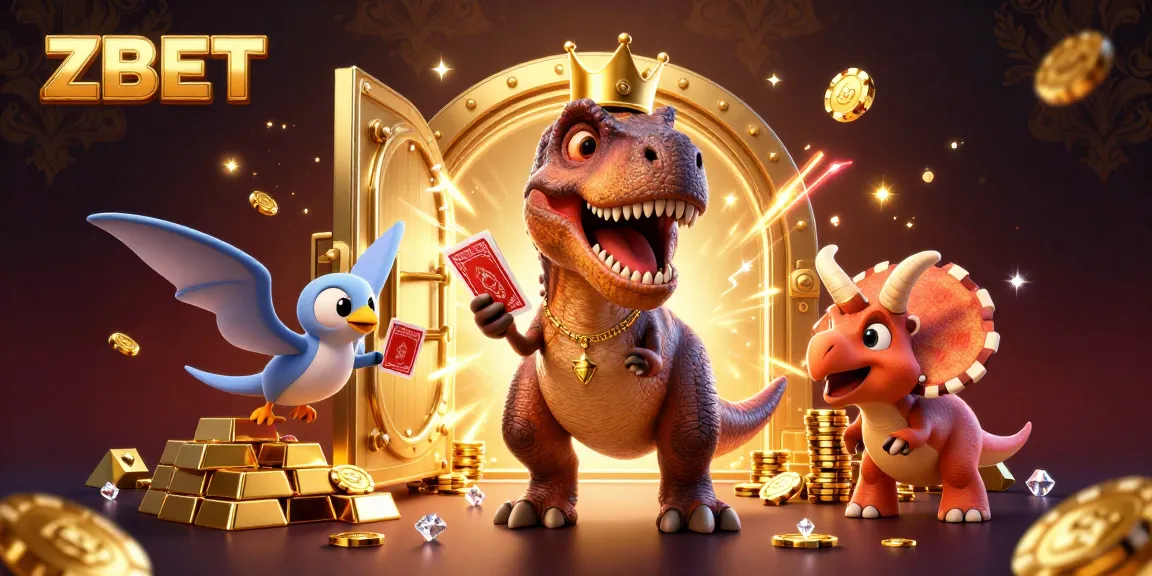 ZBET introduces a lively scene with a T-Rex shuffling cards as a pterodactyl assists, embodying thrilling casino gaming.