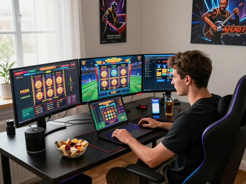Exciting NK88 online gaming setup with vibrant screens and engaging atmosphere