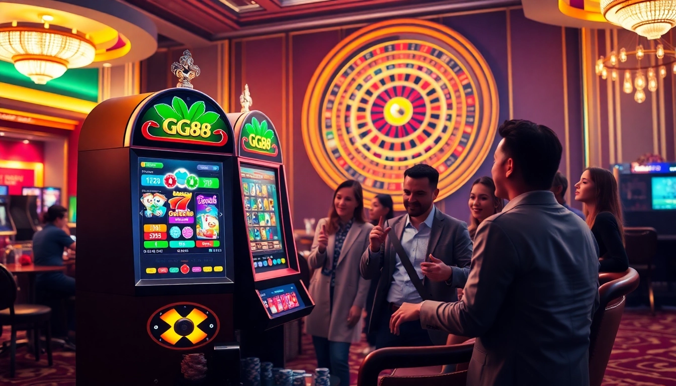 Players enjoying an exciting GG88 slot machine experience in a vibrant casino atmosphere.