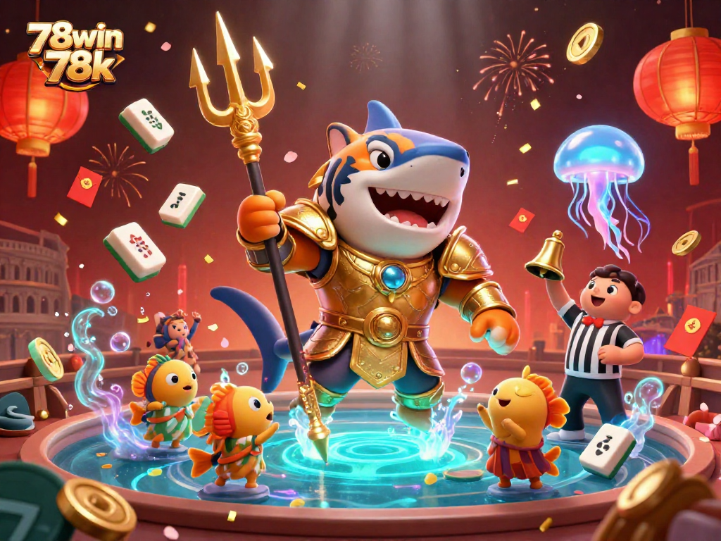 Engage in thrilling underwater casino adventures with 78win 78k's vivid 3D tiger shark illustration.