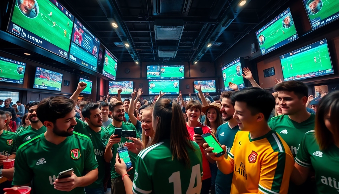 LiveScore | Tỷ số bóng đá trực tiếp at a vibrant sports bar, capturing fans cheering and engaging with live scores.