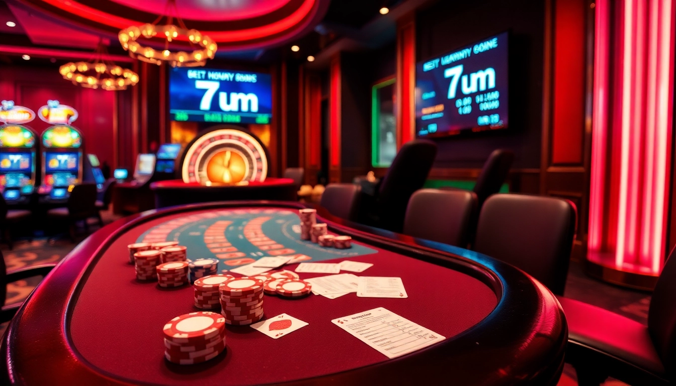 Experience the thrill of 7m gambling with luxurious poker tables and vibrant casino elements.