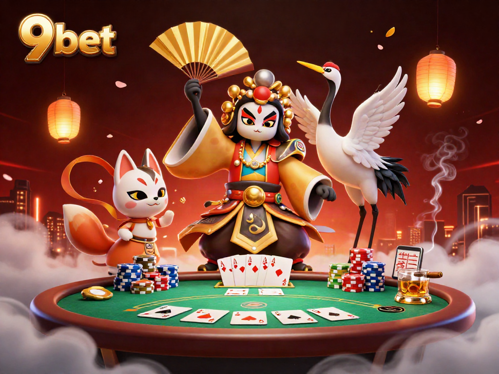 Experience the vibrant world of 9bet with a kabuki warrior amidst dynamic poker elements.