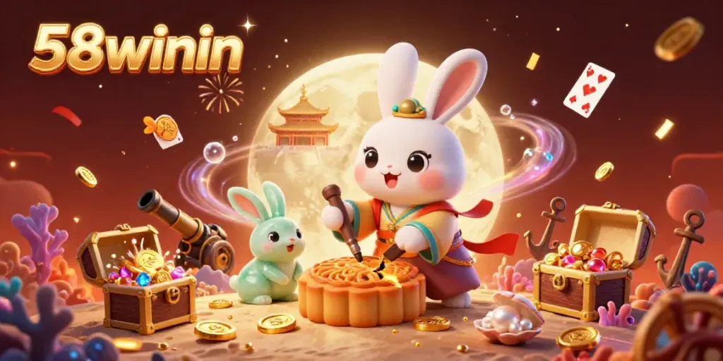 Join the moon rabbit adventure at 58winin, revealing magical tokens amid vibrant celebration and casino-themed treasures.
