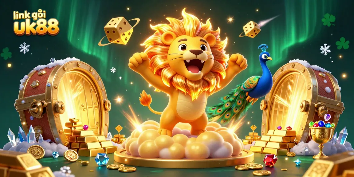 Engage with exciting games at link vào uk88 showcasing a roaring sun lion amidst treasures and cosmic elements.