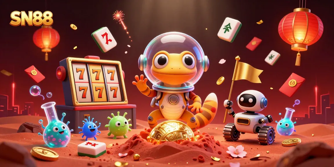 SN88 unleashes immersive gaming excitement with a 3D Martian gecko discovering a casino.