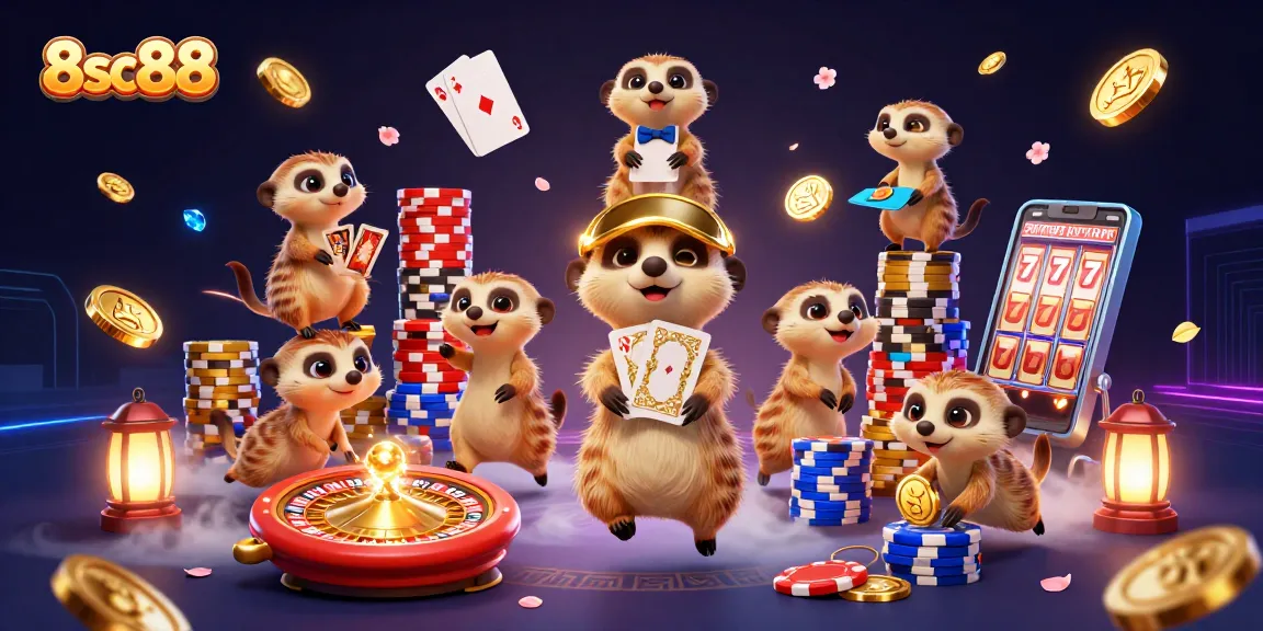 8sc88 meerkat colony operating a dynamic casino scene with colorful chips and festive lighting.