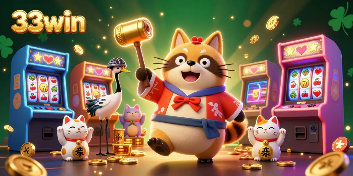 Experience the thrill with 33win's vibrant casino illustration showcasing a lucky tanuki and fortune cats.