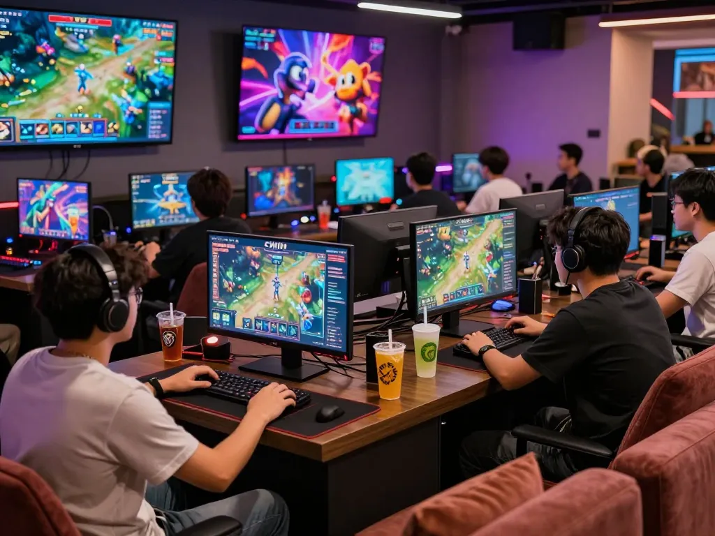 Exciting gaming atmosphere at CWIN with players enjoying various games, vibrant graphics, and modern lounge setting.