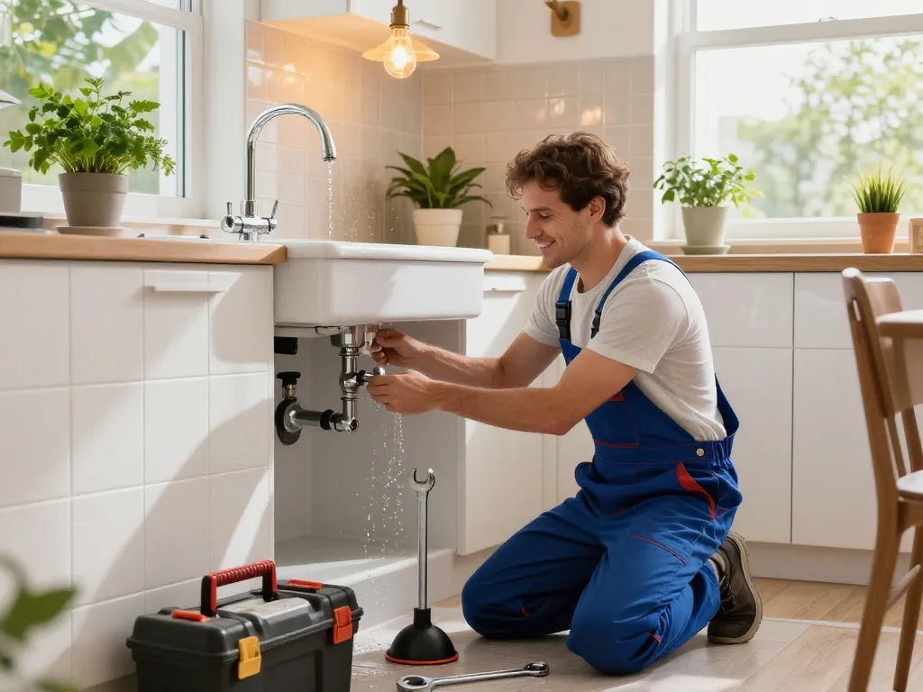 Encanador repairing a kitchen faucet in a stylish urban setting, showcasing plumbing expertise and precision.