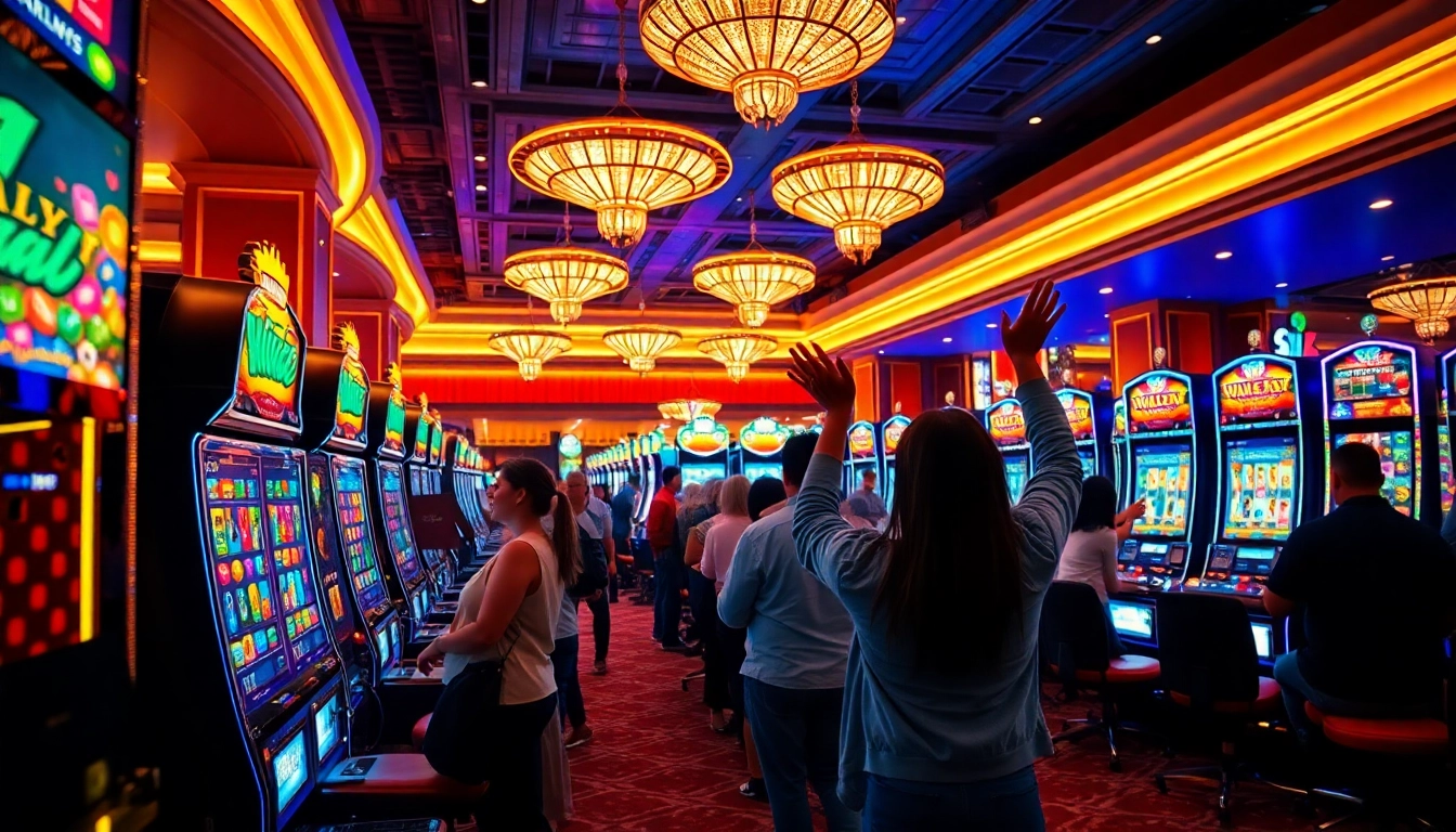 Pengalaman menang di slot gacor dengan suasana kasino meriah dan lampu berkilauan.