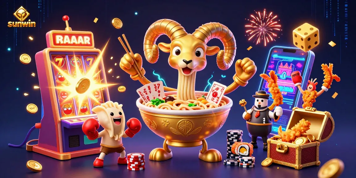 Experience the thrilling action at sunwin with vibrant casino elements and characters in a dynamic 3D illustration.
