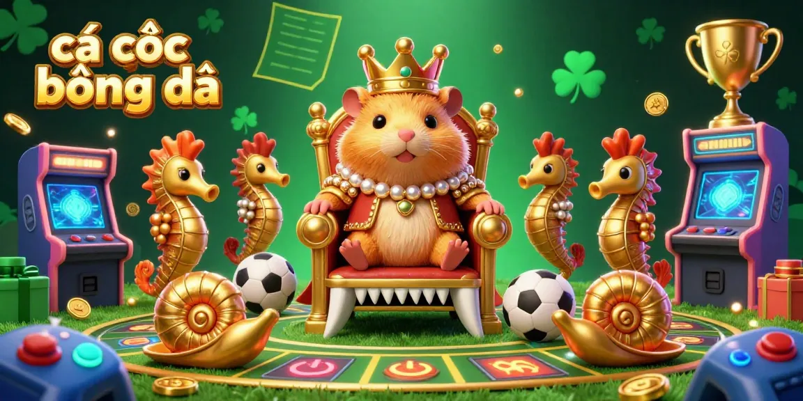 Engage in cá cược bóng đá with the golden hamster king on a megalodon throne surrounded by playful gaming elements.