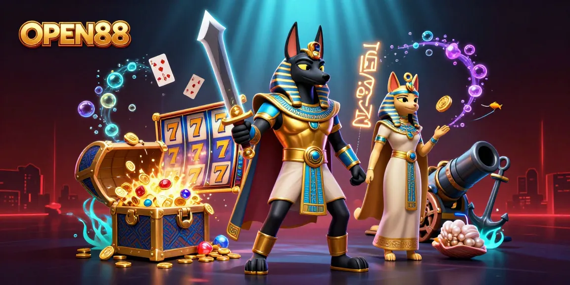 Experience thrilling casino action with OPEN88's vibrant, colorful 3D illustration filled with gaming treasures and excitement.