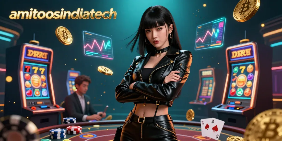 Amitoosindiatech showcases a stunning Asian woman in a casino setting, surrounded by crypto elements and dynamic gaming visuals.