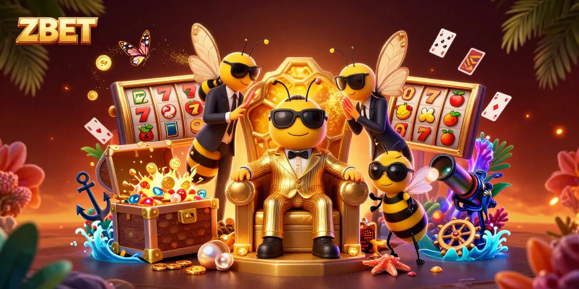 ZBET players winning big at a vibrant casino, featuring a dynamic scene with a bumblebee mob boss and slot game elements.