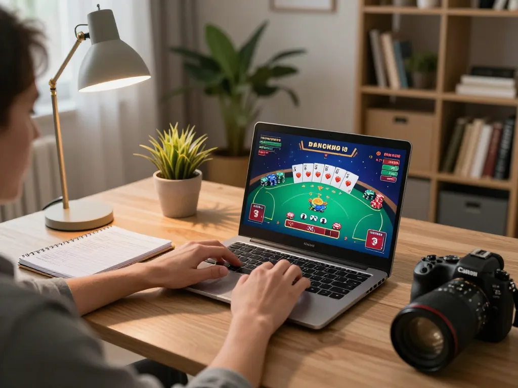 Player engaging in king33 online poker game at home, showcasing strategic gameplay and cozy atmosphere