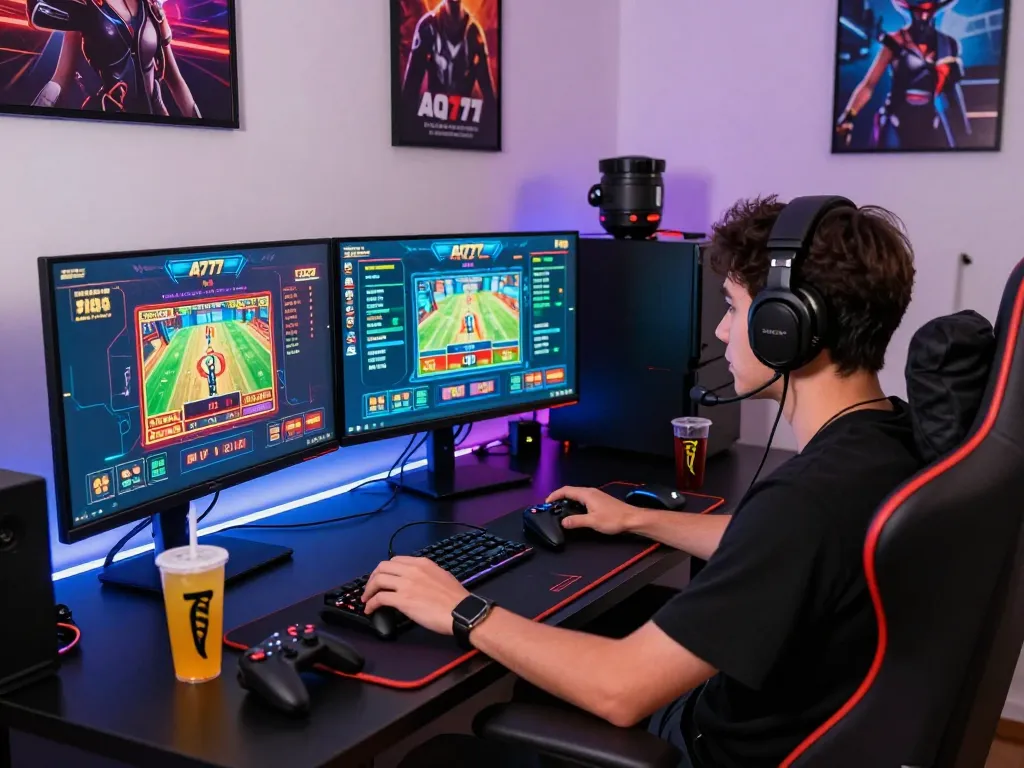 The AQ777 gaming setup features a player engaged with vibrant casino games on sleek monitors in a modern room, highlighting excitement and immersive atmosphere.