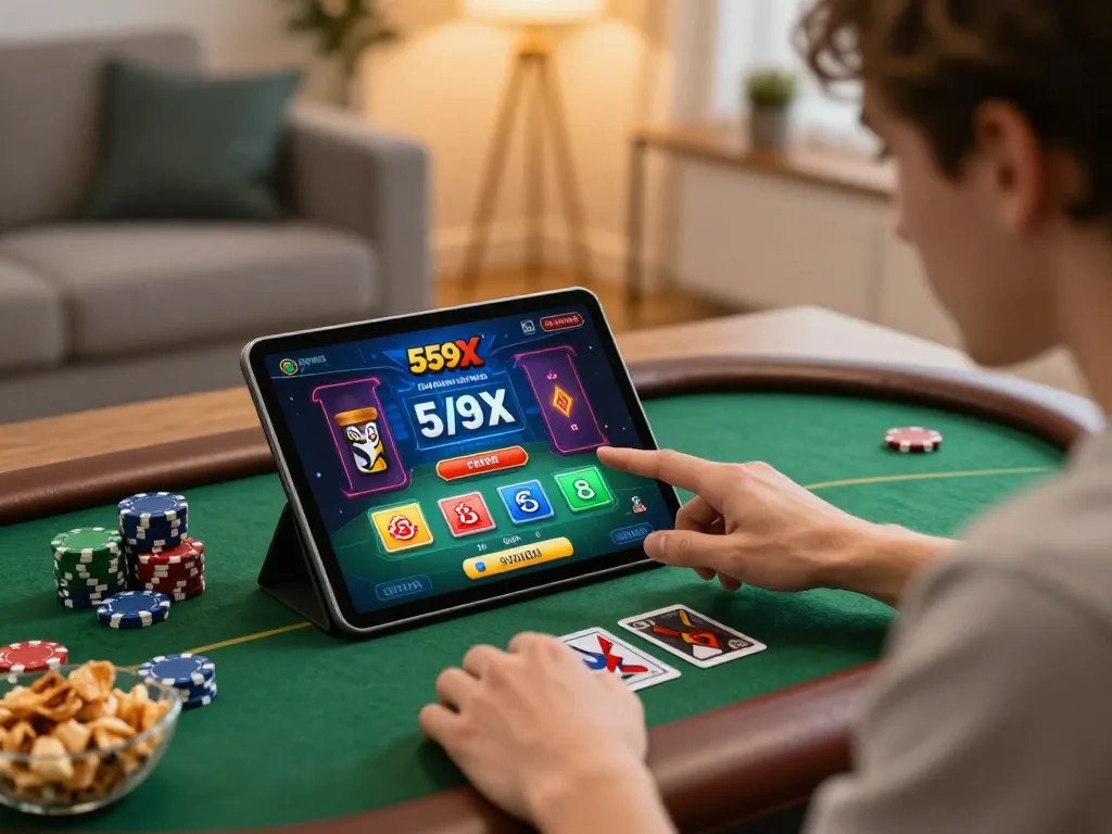 Player immersed in the 559X online casino app, enjoying strategizing with chips and snacks.