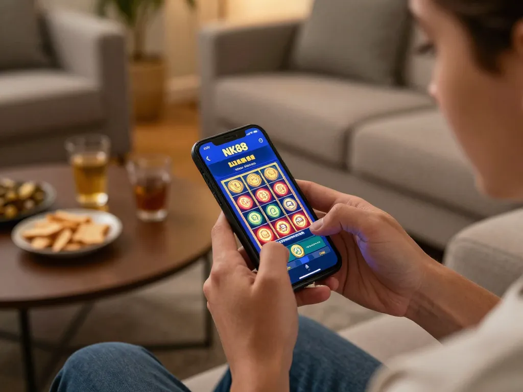 Engaging with the NK88 link on a mobile casino app while enjoying a cozy atmosphere